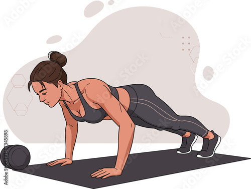 Woman exercising with push up workout on mat in fitness apparel vector illustration 