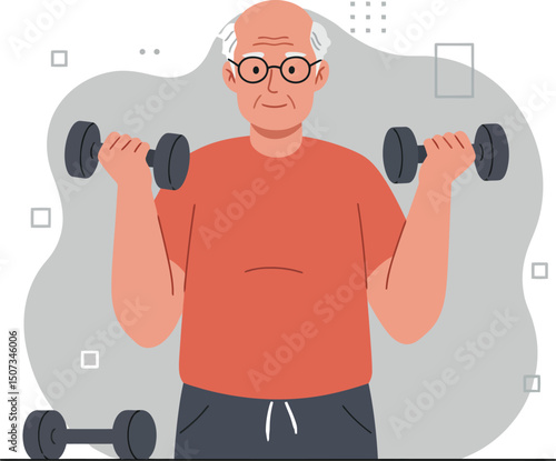 Elderly man exercising with dumbbells in home fitness routine for senior health and strength development vector illustration 