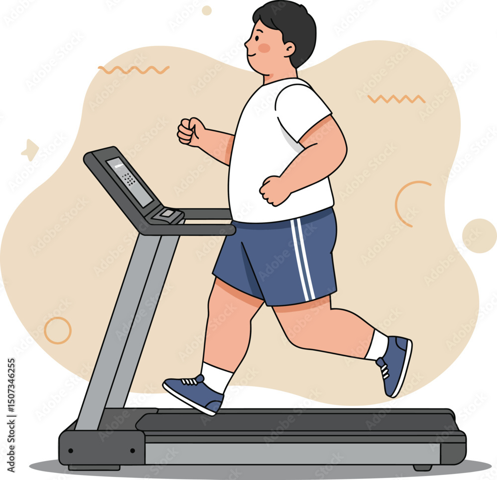Fototapeta premium Boy running on treadmill indoor fitness exercise healthy lifestyle activity vector illustration 