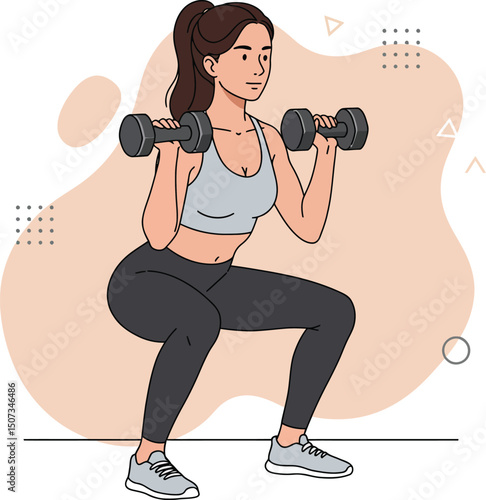 Woman exercising with dumbbells doing squat workout in fitness routine vector illustration 