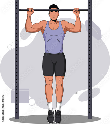 Man performing pull up exercise on bar in fitness workout training vector illustration 