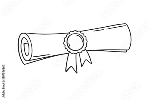 Graduation diploma with ribbon doodle hand drawn icon. Line art rolled certificate with ribbon celebrating graduation ceremony.