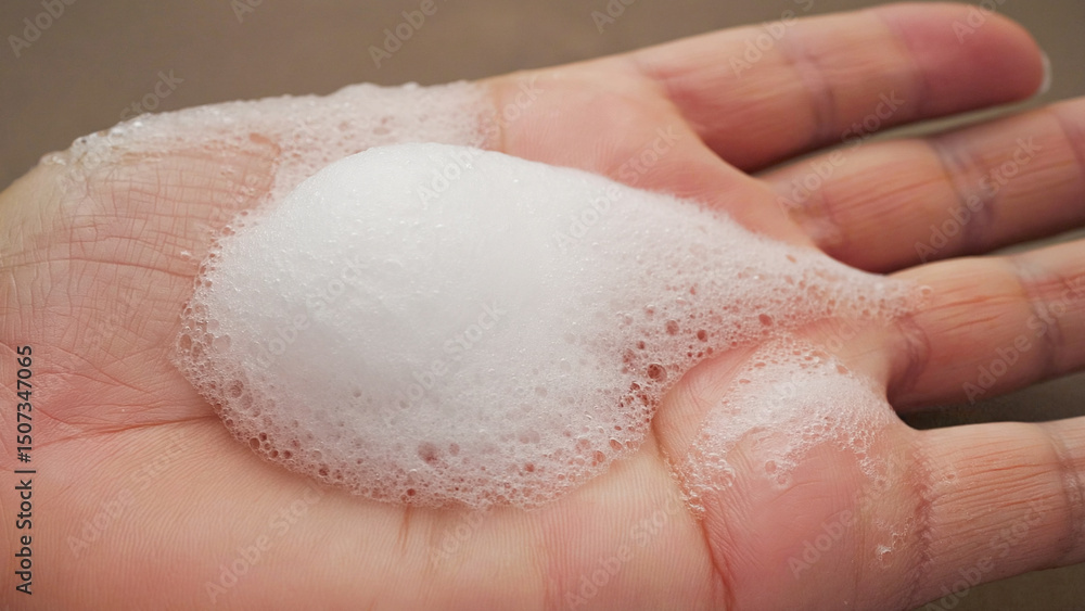 Fototapeta premium Gentle Foam: A close-up shot captures a perfect cloud of delicate soap foam resting on the palm, highlighting its soft texture, purity, and cleansing properties.