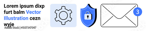 Gear symbolizing settings, shield with a lock for security, and envelope with notification for messaging. Ideal for communication, security, email system, settings, notification, technology simple