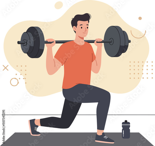 Man performing weighted lunges exercise with barbell for strength training and fitness improvement indoors vector illustration 