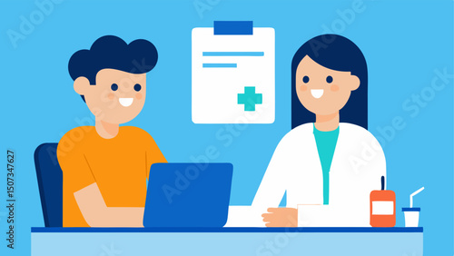 Patient Consultation A friendly doctor sitting at a desk with a patient discussing health concerns and explaining the importance of health screenings with a clipboard in hand.