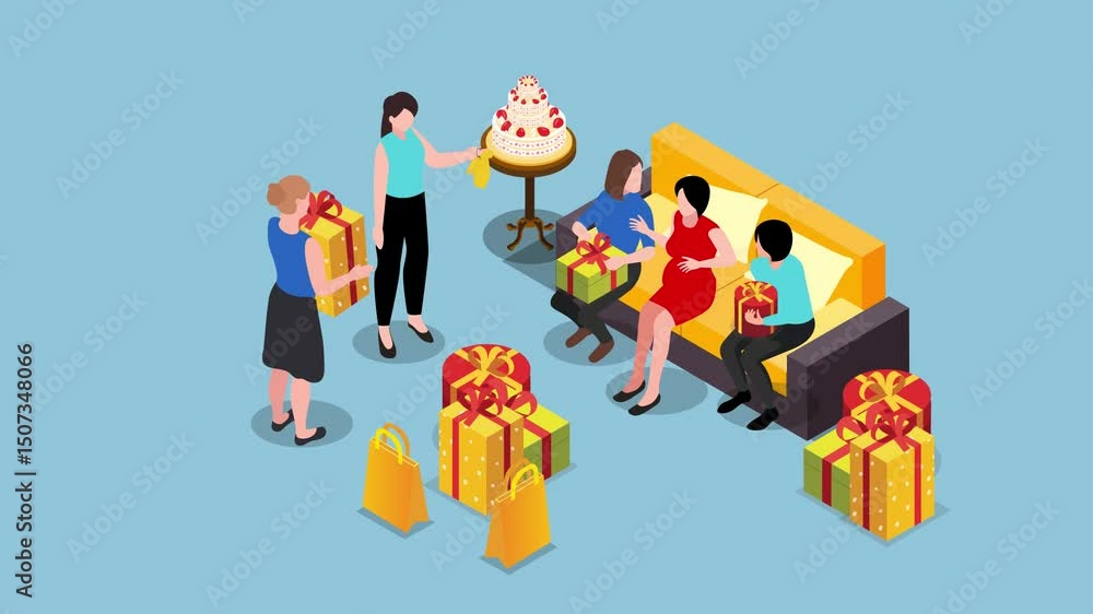 Baby Shower Celebration with Gifts, Cake, and Guests 3d animation cartoon Baby Shower Celebration with Gifts, Cake, and Guests 3d animation cartoon