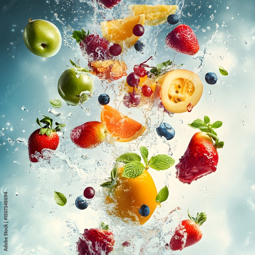 Fresh red strawberries, berries, and ripe fruits splash in water, isolated on white for a healthy, sweet dessert Fresh red strawberries, berries, and ripe fruits splash in water, isolated on white for a healthy, sweet dessert