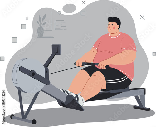 Overweight man exercising on rowing machine for fitness and health improvement in home gym environment 