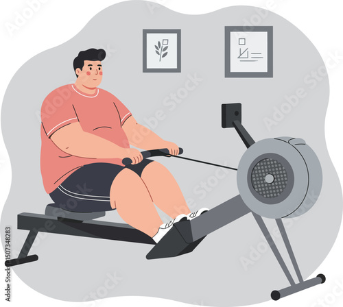 Overweight man exercising on rowing machine for fitness and health improvement indoors vector illustration 