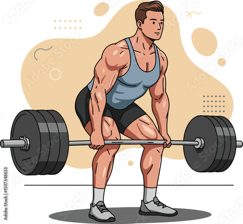 Muscular man performing deadlift weightlifting exercise with barbell strength training workout vector illustration 