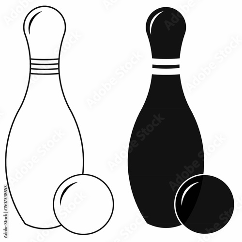 line outline silhouette black and white bowling pin and nine or 9 ball silhouette set. Great for sports icons, logos, event posters, symbol or game graphics. Minimalist vector illustration