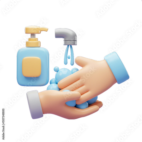 Hands sanitizing with soap and spray.