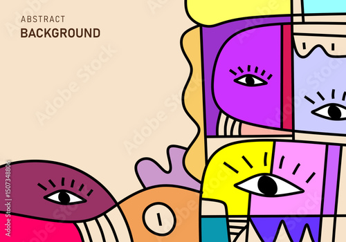 Abstract modern cubism illustration of colorful human faces on beige background.
