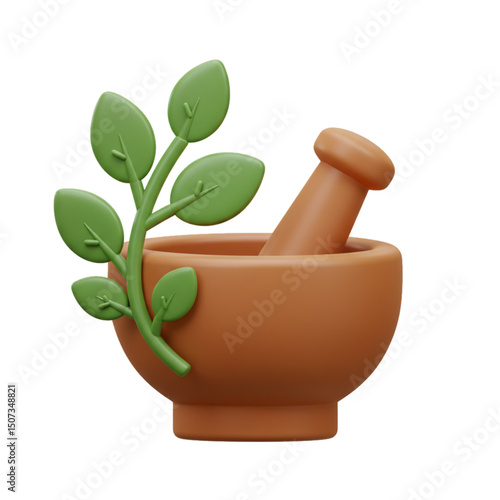 Mortar and pestle with plant—herbal medicine.