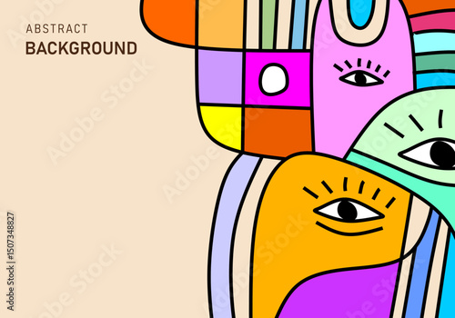 Abstract modern cubism illustration of colorful human faces on beige background.
