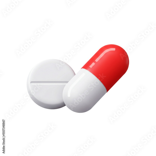 Red and white capsule and round tablet.