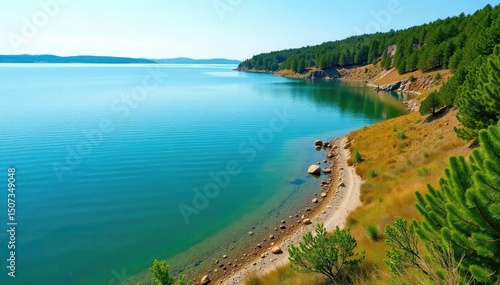 Lake's edge, irregular shoreline with vegetation, water, coast, natural
