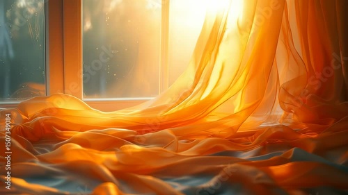 Sunlit Orange Curtains with Window.