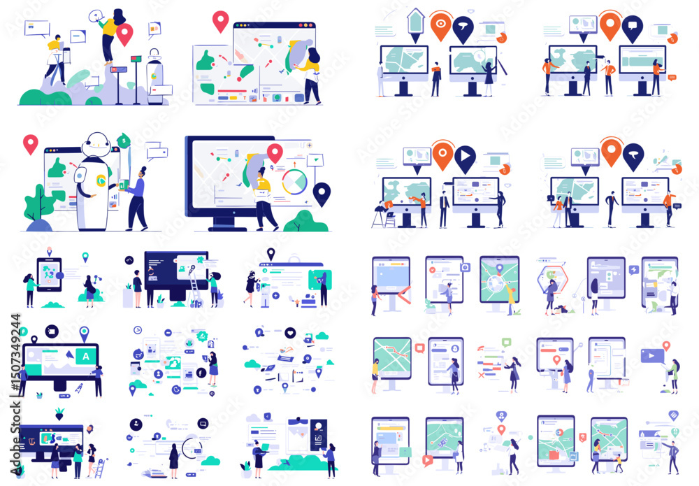 Fototapeta premium Navigating Data: A visual symphony of people interact with information on computer, tablet, and mobile screens. Displaying graphic illustration of tech and location.