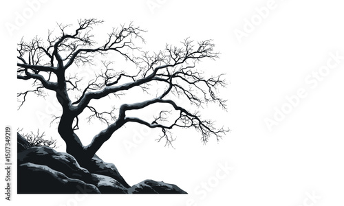Icy maple tree silhouettes, cold autumn forest, foggy mountain scene, leafless tree design, engraved seasonal clipart, vector illustration, winter landscape, nature background.