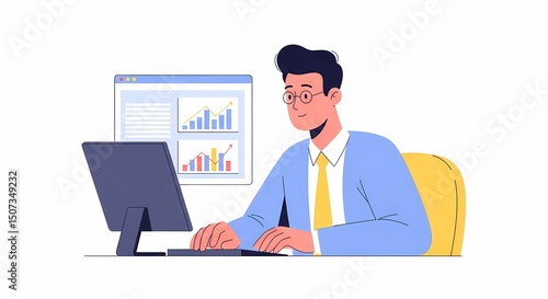 Man Working at Computer Analyzing Charts and Graphs for Business Analytics