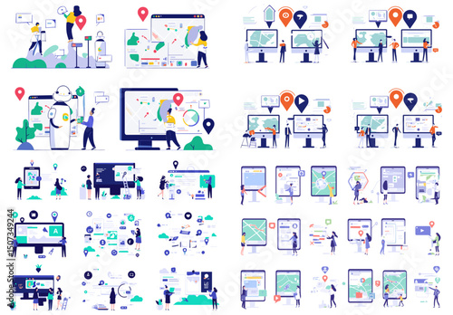 Navigating Data: A visual symphony of people interact with information on computer, tablet, and mobile screens. Displaying graphic illustration of tech and location.