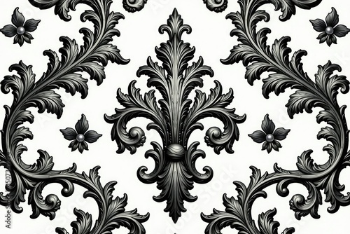 Large-scale damask pattern with scrolling acanthus leaves and ornate details in monochrome, surface, elegant