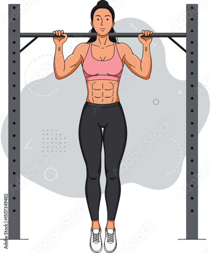Woman doing pull ups exercise at gym building upper body muscles strength in fitness workout routine 