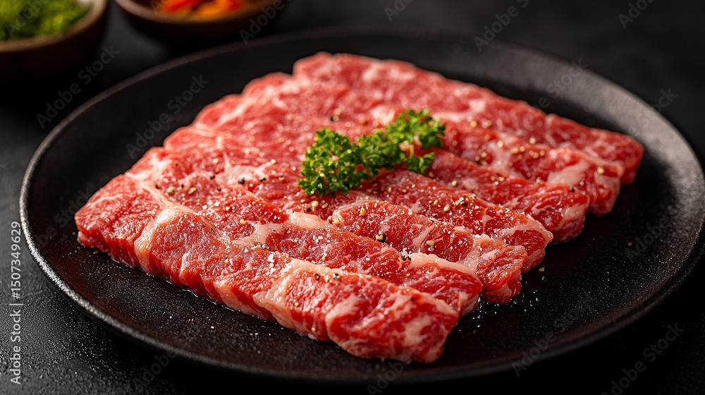 Raw, marbled beef slices on a black plate, garnished with herbs Raw, marbled beef slices on a black plate, garnished with herbs