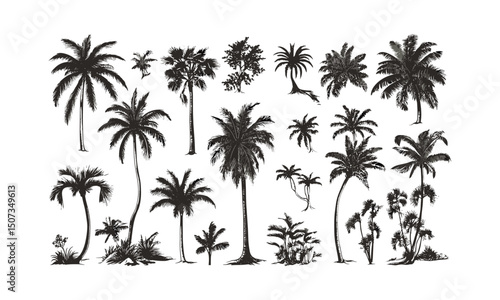 Island Beach Palm Tree Silhouettes curved trunk engraved vector, tropical canopy clipart, coastal paradise scene, summer vacation background, exotic nature design, vector illustration.