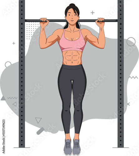 Woman performing pull up exercise on fitness equipment in workout routine for strength training and muscle building 