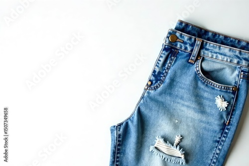 Light wash distressed jeans, casually draped on white , texture, hole