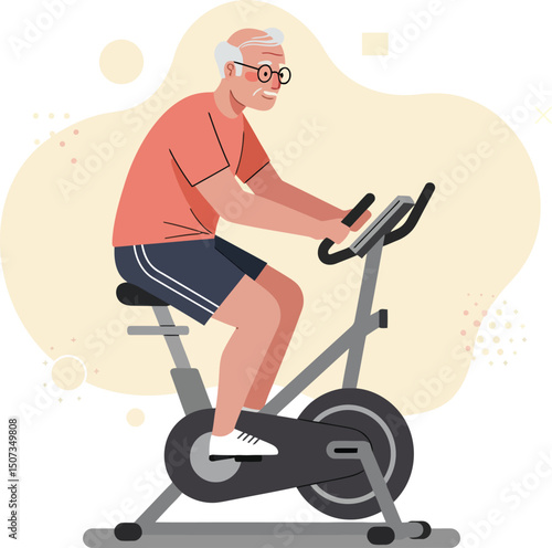 Elderly man exercising on stationary bike in casual sportswear for fitness and health activity vector illustration 