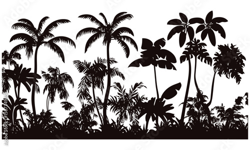 Island Breadfruit Tree Silhouettes, dense forest, tropical tree clipart, fruit-bearing vector illustration, wide leaves, humid coastal nature, Pacific Tropic flora, tropical greenery, jungle foliage.