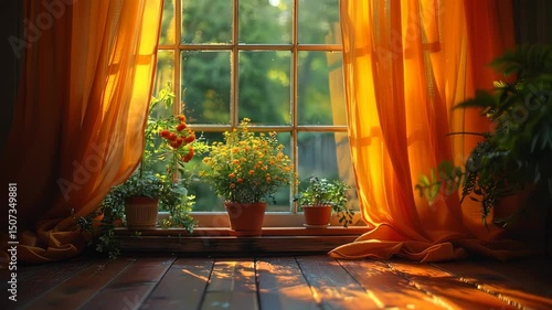 Sunlit Window Plants with Wooden Floor.