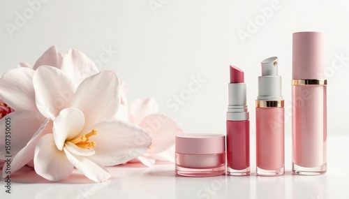 Luxury cosmetic products, pristine white backdrop, studio, foundation, object