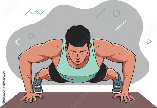 Man doing push ups workout exercise on mat for fitness training and strength building routine vector illustration 