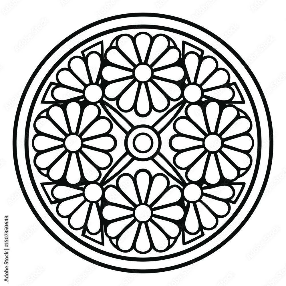 Intricate floral mandala in black outline: circular, symmetrical, with petals, ideal for coloring pages, tattoos, and stencil designs. Intricate floral mandala in black outline: circular, symmetrical, with petals, ideal for coloring pages, tattoos, and stencil designs.