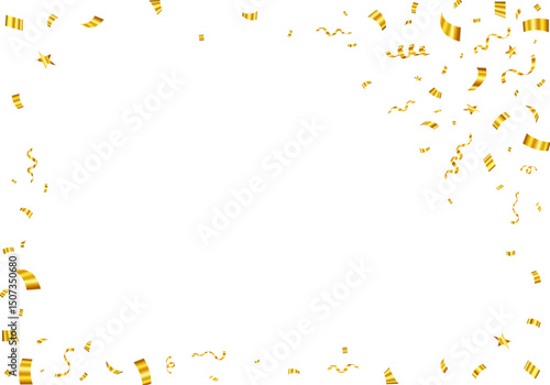 Gold confetti and ribbons frame on transparent background for celebration and party. Bright festive tinsel of gold color. Happy birthday concept. Festive frame