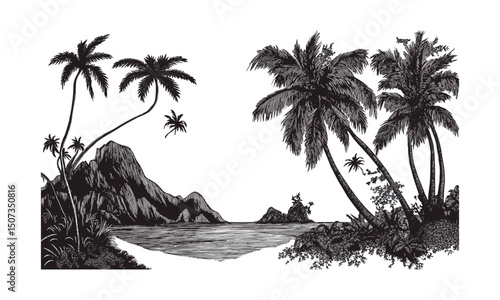 Coconut Tree Silhouettes, Island Cliff, Coastal Palm Scene, Beach Landscape, Engraved Holiday Forest, Curved Trunk Vector, Tropical Shoreline, Vector Illustration.