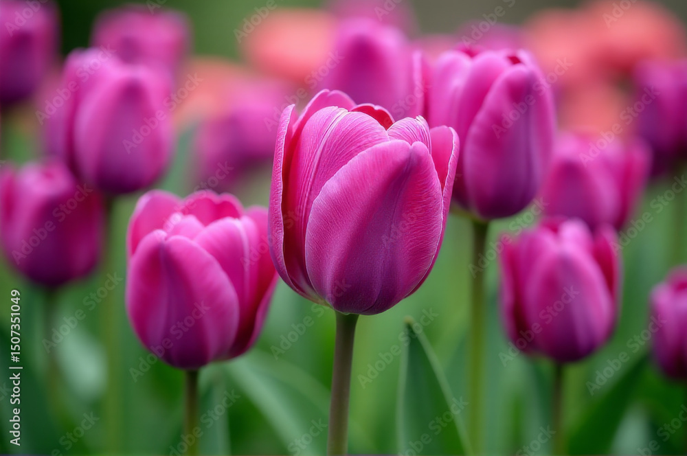 Fototapeta premium A bouquet of bright pink tulips growing in a lush green field, perfect for gardening or spring-themed designs