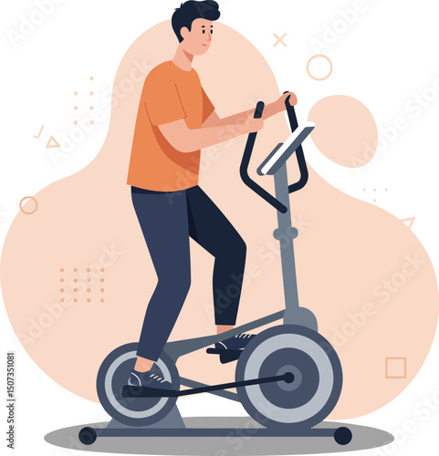Man exercising on elliptical machine indoor fitness training for healthy lifestyle activity vector illustration 