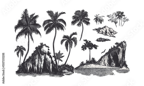 Island Cliff, Coconut Tree Silhouettes, Coastal Palm Scene, Beach Landscape Art Pack, Engraved Holiday Forest, Curved Trunk Vector, Tropical Scenery, Vector Illustration.