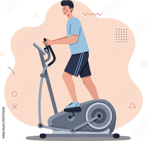 Young man exercising on elliptical trainer for fitness and health lifestyle activity indoors vector illustration 
