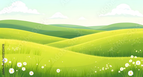 grassland landscape, summer sky, horizon view, green meadow, open field, pastoral landscape, countryside nature, clear blue sky, summer sunlight, nature background, scenic summer view, landscape illus