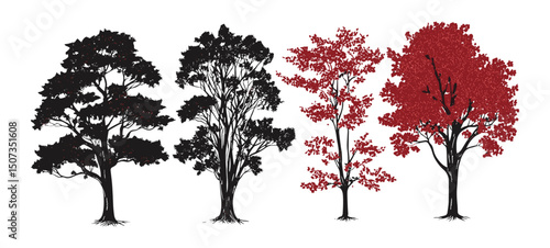 Japanese style vintage forest with maple tree silhouettes, autumn garden scene, fall foliage, hand-drawn trees, seasonal illustration, retro botanical art, nature landscape, vector illustration.