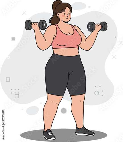 Woman lifting dumbbells exercising for fitness and strength training vector illustration 