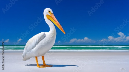 A pelican standing on a sandy beach under a clear blue sky