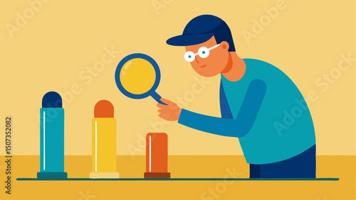 Firearm Comparison An illustration showing the expert comparing a bullet casing to a set of sample casings displayed on a table using a magnifying glass for detail.